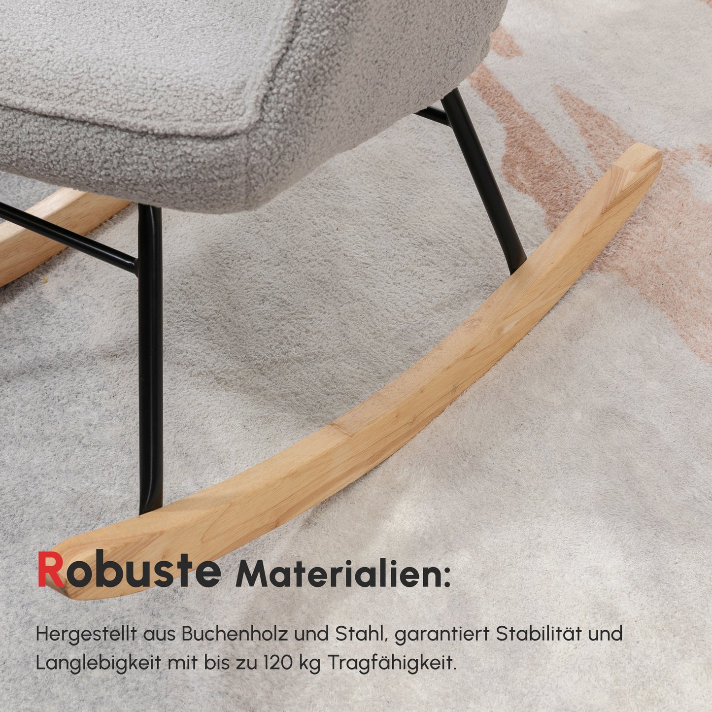 Schommelstoel – Schommelstoel Retro – Wiegstoel – Houten Stoel – Relaxfauteuil – Massief Hout – Lichtgrijze Zitting – Compact 71x92x101 cm