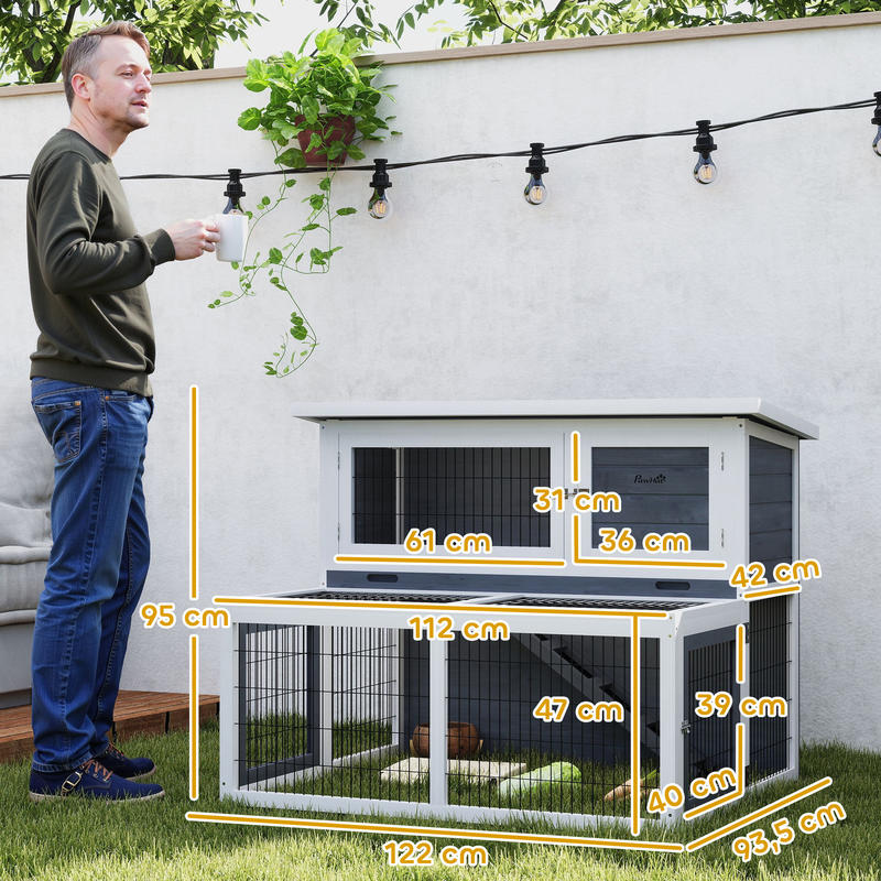 Konijnenhok – Knaagdierverblijf – Cavia Ren – Bunny Cage – Kleine Huisdierkooi – 2-laags Houten Ren – Inklapbaar Dak – Winterbestendig Design – 122x95x93,5 cm
