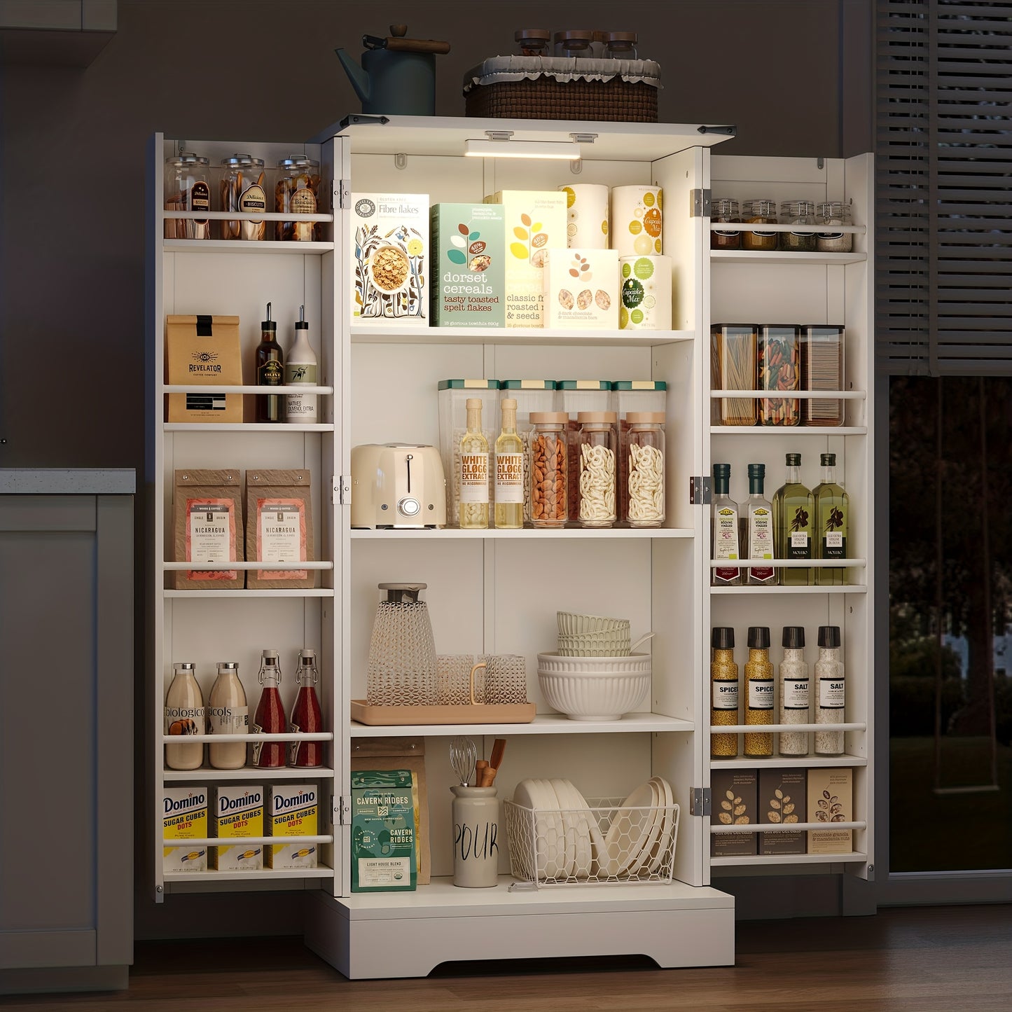 127.0cm White Farmhouse Kitchen Cabinet with 2 Hinged Doors & Adjustable Shelves - Freestanding Storage Cabinet with -Tip Device, Gravure Texture Finish, Space-Saving Design for Small Spaces, Easy Assembly, Sturdy Constructio