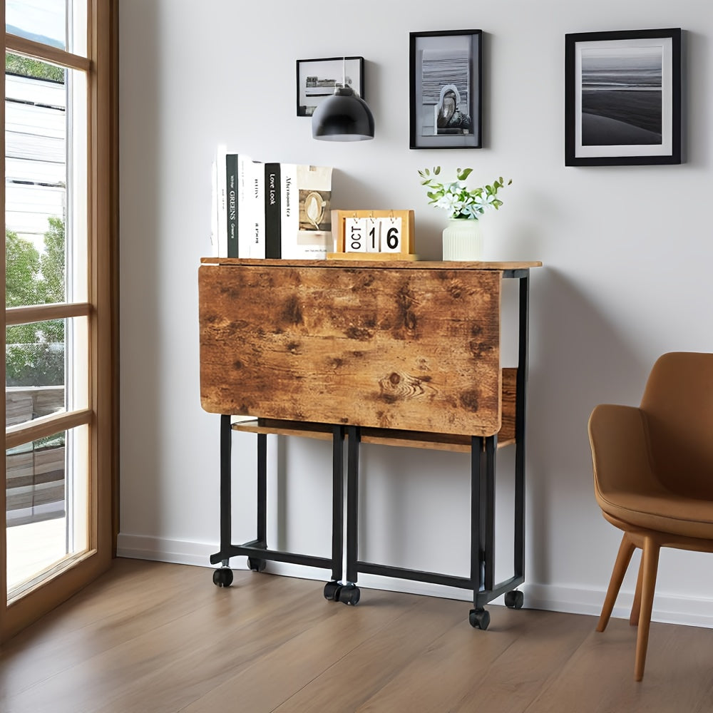 Mobiel Vouwbureau – Compact Bureau – Klein Tafel – Opvouwbare Werktafel – Verplaatsbaar Bureau – Eiken Kleur – 80 cm Breed – Met Wieltjes En Vaste Poot