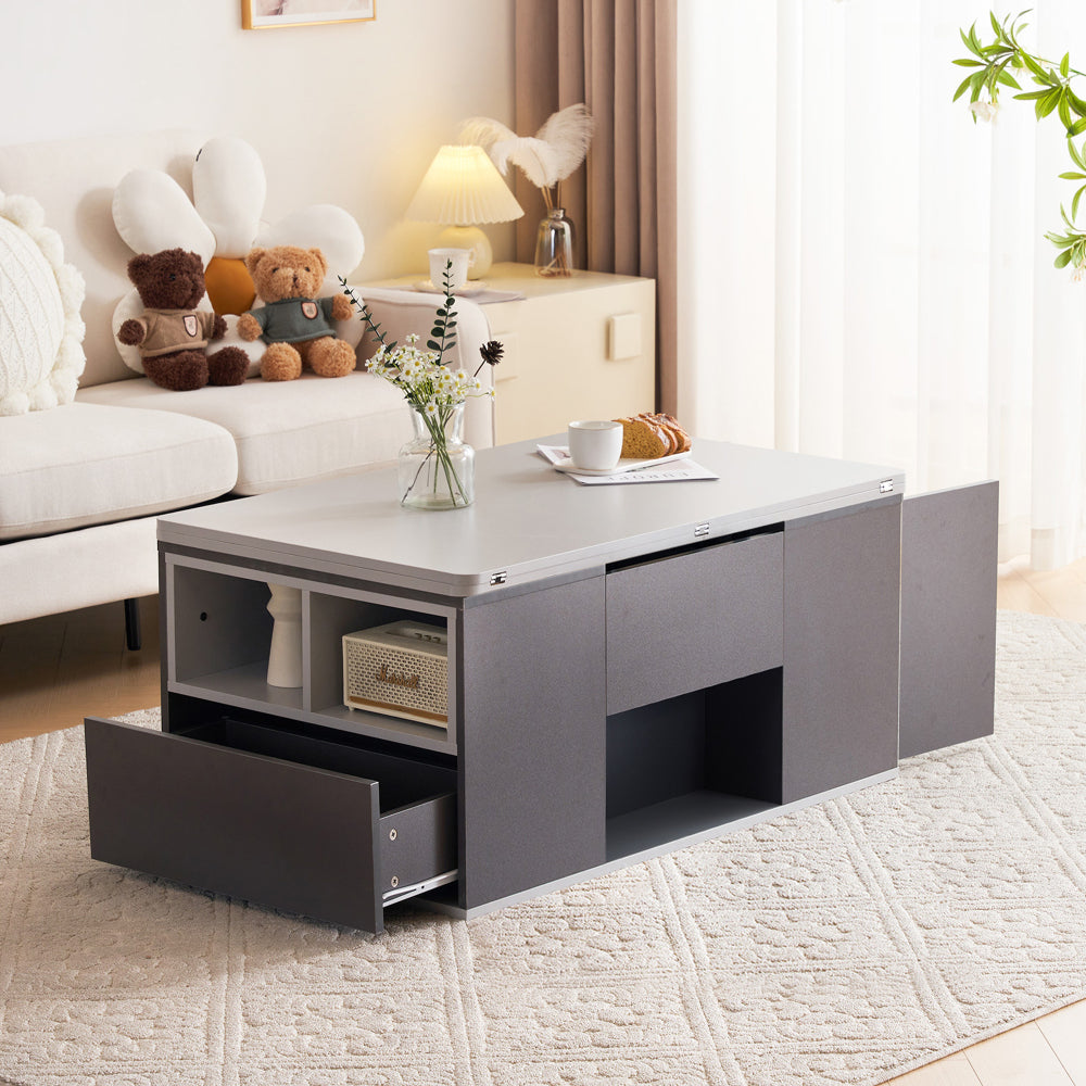 Salontafel – Tafel Voor Woonkamer – Koffietafel – Woonkamertafel – Bijzettafel – Verstelbaar Tafelblad – Met Opbergruimte – Metaal Grijs – Compact Design