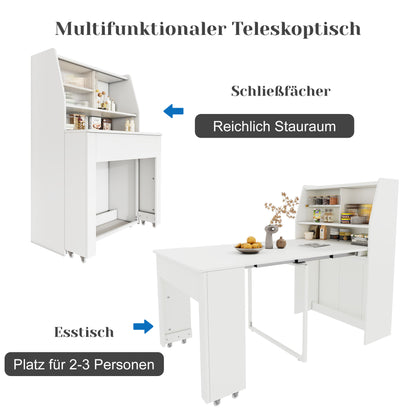 Uitschuifbare Eettafel – Uitklapbare Tafel – Opbergtisch – Salontafel – Multifunctionele Eettafel – Wit – Inklapbaar van 52 tot 132,5 cm – Met Stofdichte Opbergruimte