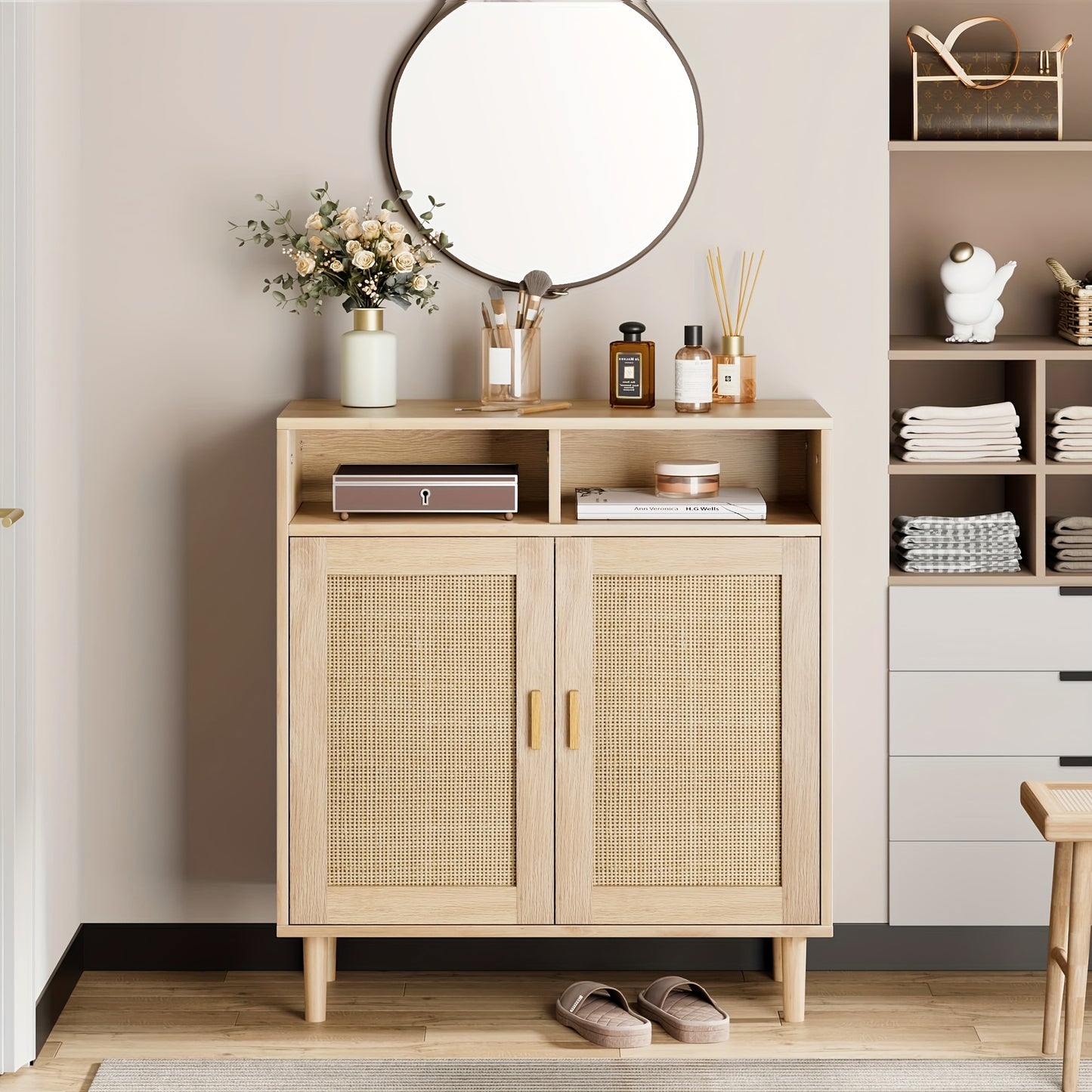 Dressoir – Sideboard – Buffetkast – Opbergkast – Keukenkast – Rotan Afwerking – 2 Deuren Met Open Plank – Stevig Houten Poten