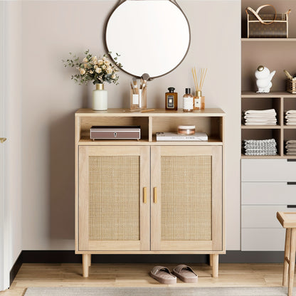 Dressoir – Sideboard – Buffetkast – Opbergkast – Keukenkast – Rotan Afwerking – 2 Deuren Met Open Plank – Stevig Houten Poten