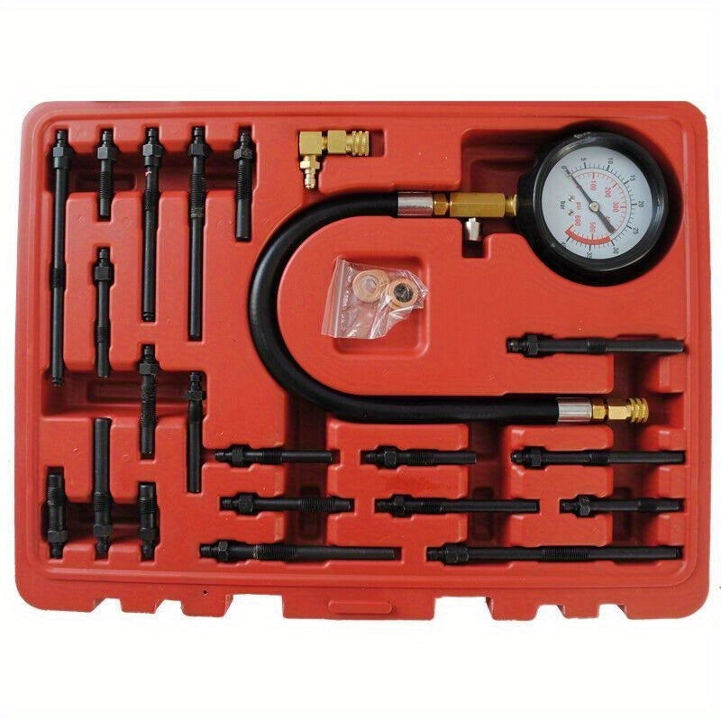 Compressietester – Drukmeter – Motorcompressietester – Cilinderdruktester – Testset – Geschikt Voor Benzine En Diesel – Meet Tot 40 BAR / 600 PSI – Inclusief Diverse Adapters – Met Opbergcase – Rood