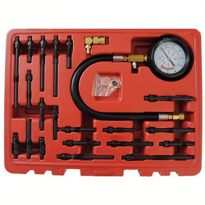 Compressietester – Drukmeter – Motorcompressietester – Cilinderdruktester – Testset – Geschikt Voor Benzine En Diesel – Meet Tot 40 BAR / 600 PSI – Inclusief Diverse Adapters – Met Opbergcase – Rood
