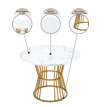 Ronde Eettafel – Eettafel Rond – Keukentafel – Ontbijttafel – Tafel Marmerlook – Wit Gouden Frame – Compact Design – Stevig Metalen Frame