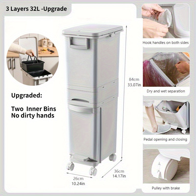 32L Large Capacity Heavy-Duty Plastic Kitchen Trash Can with Double-Layer Dry/Wet Separation, Odor-Sealing Lid & Step-Top Operation - Modern Rectangular Bin with Glossy Finish, Space-Saving Design, 3-Tier No Bend Design, Whee