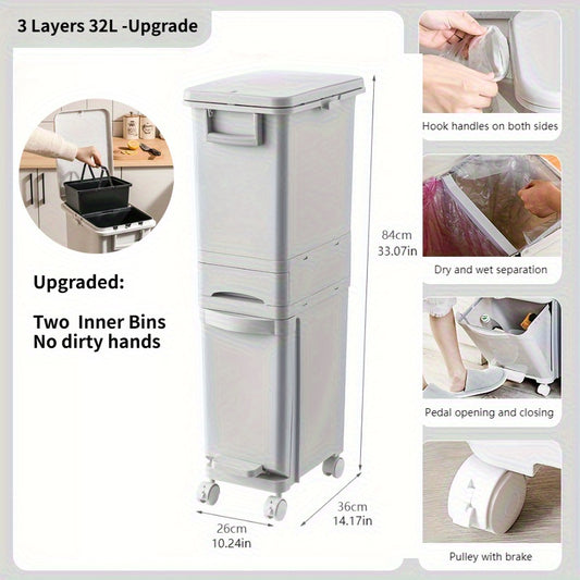 32L Large Capacity Heavy-Duty Plastic Kitchen Trash Can with Double-Layer Dry/Wet Separation, Odor-Sealing Lid & Step-Top Operation - Modern Rectangular Bin with Glossy Finish, Space-Saving Design, 3-Tier No Bend Design, Whee