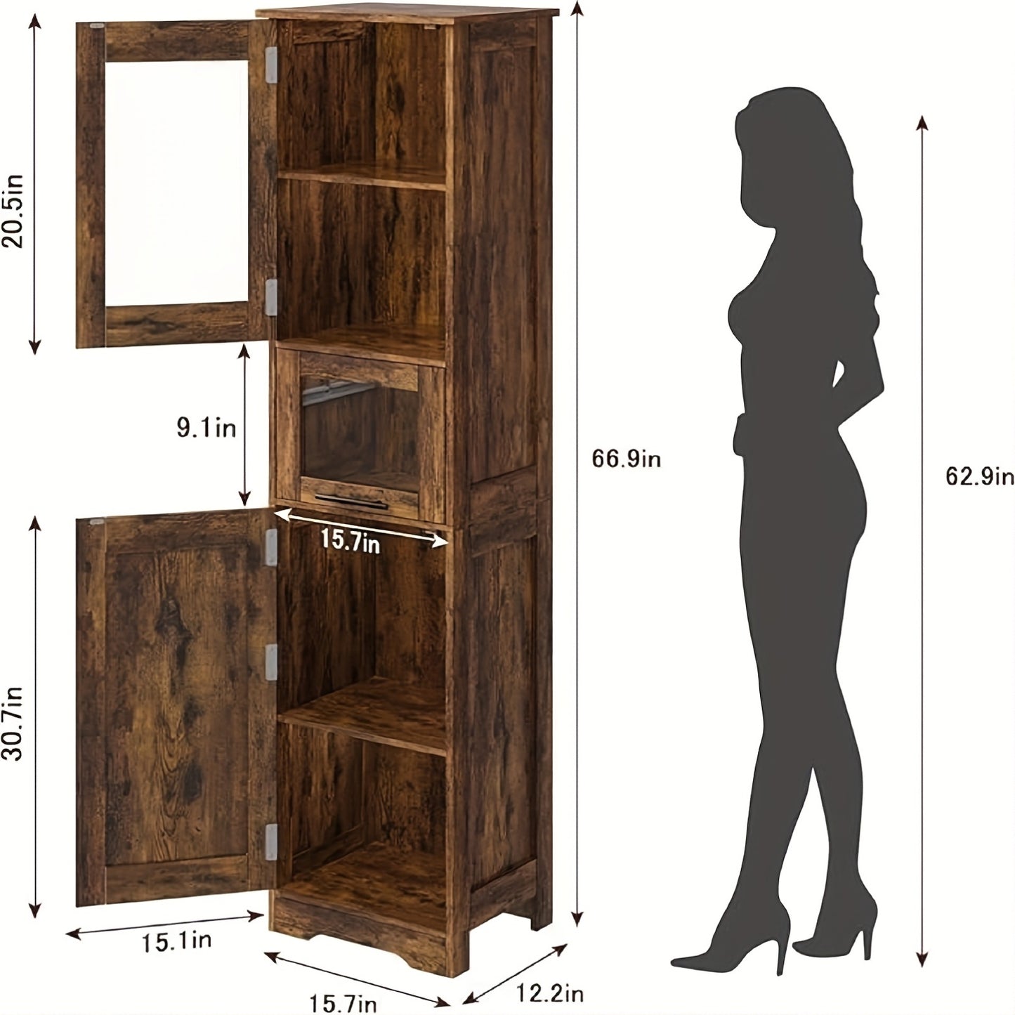 Badkast – Hoge Kast – Badkamerkast – Opbergkast – Staande Kast – Glasdeuren – Verstelbare Planken – MDF Met Eiken Fineer – 170 cm Hoog