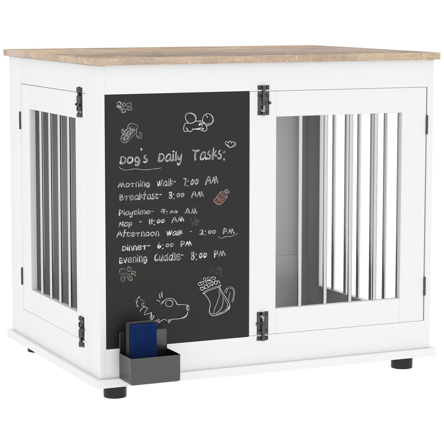 Hondenbench – Hondenkooi – Mand – Hondenhok – Binnenkennel – Middelgrote Hond – Drie Deuren – Multifunctionele Bijzettafel – Wit – 80x60x70 cm – Met Krijtbord