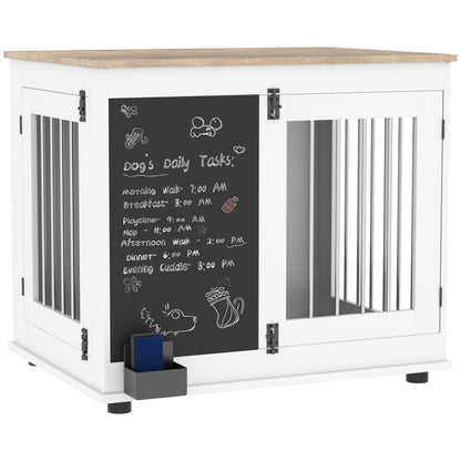 Hondenbench – Hondenkooi – Mand – Hondenhok – Binnenkennel – Middelgrote Hond – Drie Deuren – Multifunctionele Bijzettafel – Wit – 80x60x70 cm – Met Krijtbord