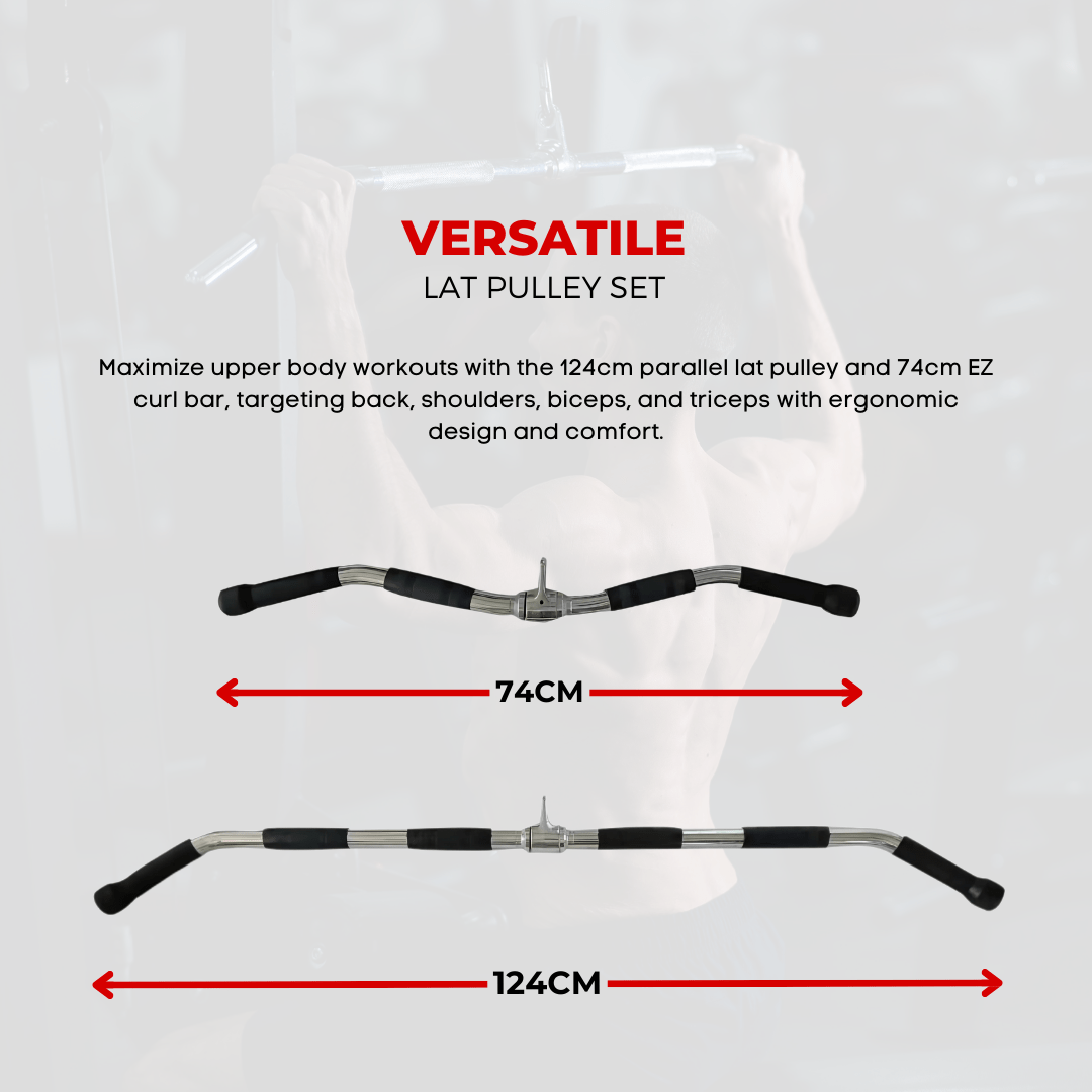 Barbell Machine Bar Set | 6 Essential Accessories for Pulley Stations & Home Gyms | Rowing Bar, Lat Pull Bars, EZ-Curl Bar | Perfect for Full-Body Strength Training