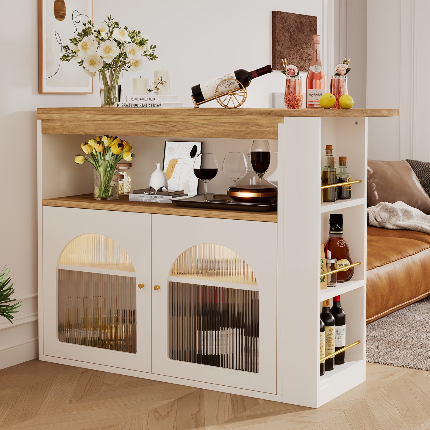 Modern White Metal Extendable Bar & Dining Table with Swivel Top, Adjustable Length, Storage Shelves & Wine Rack - Space-Saving High Bistro Table for Home Kitchen, Restaurant, Cafe - Easy Assembly, Durable Contemporary Design