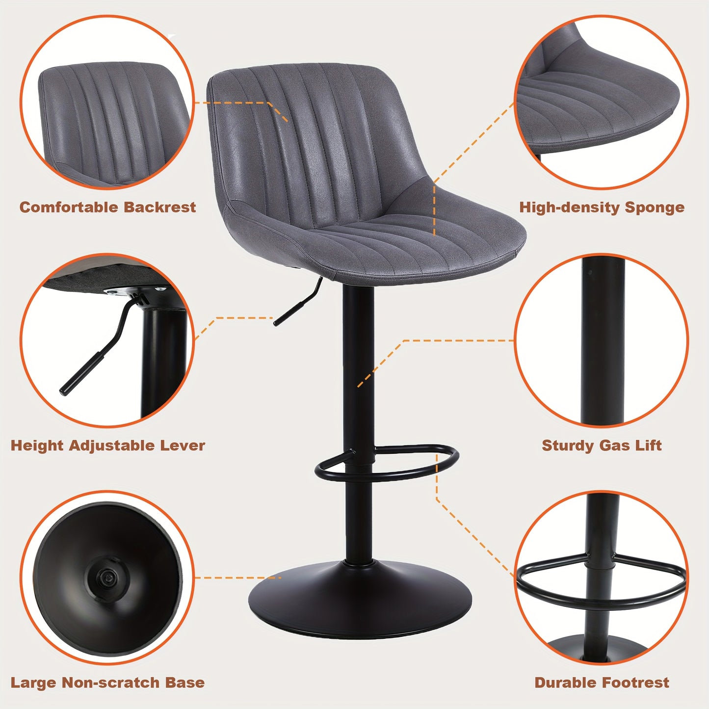 Barkrukken – Barkruk Set – Barstoelen – Keukenkrukken – Krukjes – Set van 3 – Verstelbare Zithoogte – 360° Draaibare Zitting – Met Rugleuning – Kunstleren Bekleding – Grijs