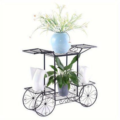 Pflanzenregal Metall – Blumenregal Balkon – Blumenständer Innen – Pflanzenhalter Wohnzimmer – Pflanzenwagen Mit 6 Ablagen – Robustes Metall – Leicht Rollbar Schwarz