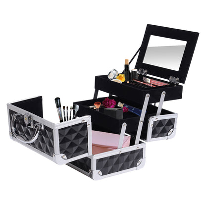 Make-upkoffer – Make-up trolley – Cosmetica koffer – Beautycase – Visagiekoffer – Aluminium frame – Uitklapbare 3-laags met slot en spiegel – Zwart – 20x15x15 cm