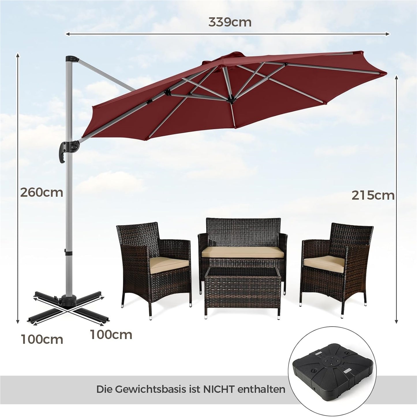 Zonneparasol – Tuinparasol – Terrasparasol – Marktparasol – Schaduwparasol – Ø 330 cm – 360° Draaibaar Met Knikarm – UPF 50+ Bescherming – Rood