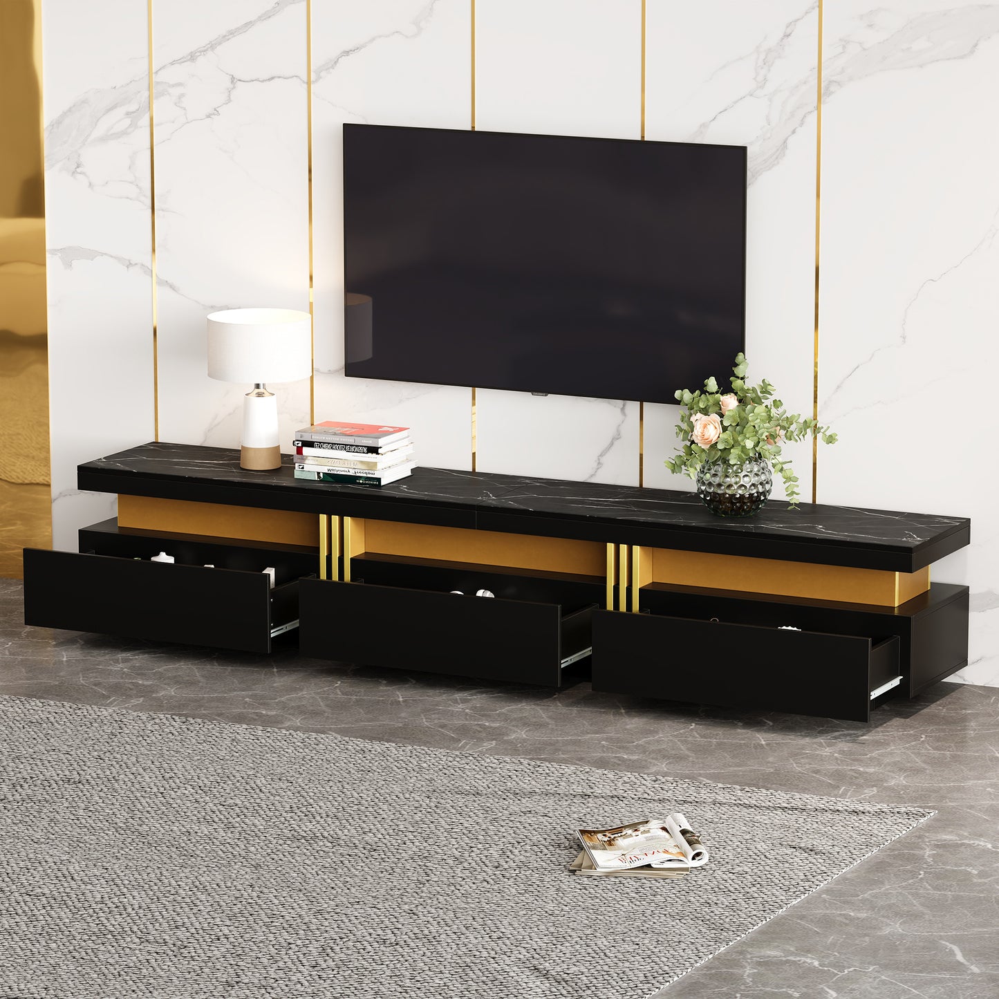 Woonkamerset – TV Meubel – Salontafel – Lowboard – Opbergmeubel – Zwart-Wit Marmerlook – Gouden Accenten – Hoogglans Afwerking – Geschikt voor TV tot 90 Inch
