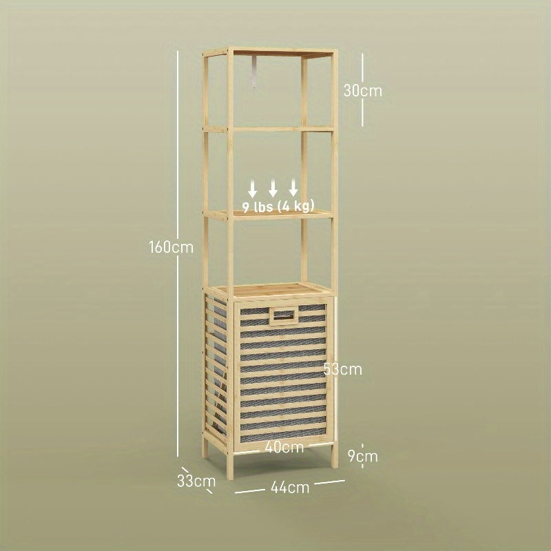 Badregal – Opbergrek – Bamboo Kast – Badkamermeubel – Plankenrek – Ruimtebesparend – Met Uitneembare Stoffen Manden – 44x33x160 cm Stabiel Met Metaalversterking