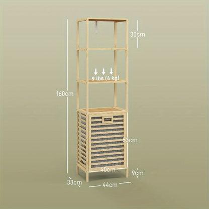 Badregal – Opbergrek – Bamboo Kast – Badkamermeubel – Plankenrek – Ruimtebesparend – Met Uitneembare Stoffen Manden – 44x33x160 cm Stabiel Met Metaalversterking