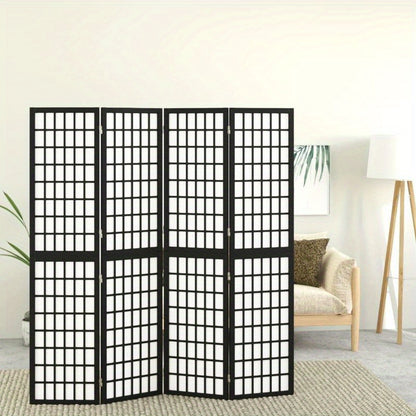 Elegant 4-Panel Foldable Wooden Room Divider, Japanese Style, Black with White Grid Pattern, 160.02cm x 170.18cm - Ideal for Modern Home & Office Decor, Preppy Room Decor