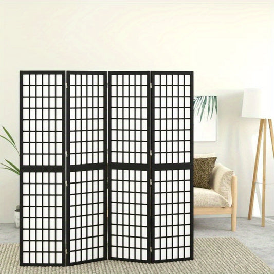 Elegant 4-Panel Foldable Wooden Room Divider, Japanese Style, Black with White Grid Pattern, 160.02cm x 170.18cm - Ideal for Modern Home & Office Decor, Preppy Room Decor