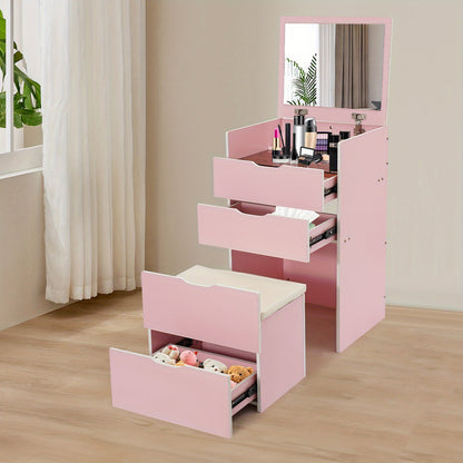CNCEST Modern Compact Vanity Desk with Makeup Stool - 3-Drawer Storage, Flip-Top Mirror, Space-Saving Design, Sturdy Hardwood Construction, Cream White/Cream Pink/Log Finish for Small Spaces, Dorm, Apartment, Studio, Makeup V