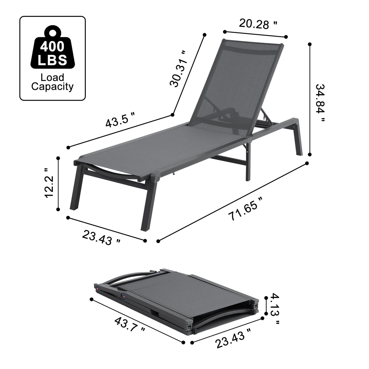 Loungebank – Ligstoel – Tuinstoel – Relaxstoel – Buitenstoel – Verstelbaar in 5 standen – Aluminium frame roestvrij – Waterafstotende stof Donkergrijs