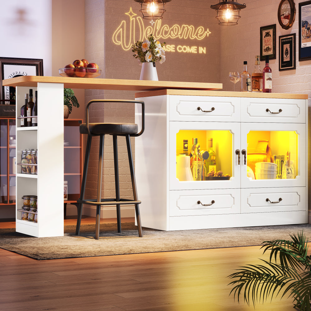 Uitschuifbare Bartafel – Barmeubel – Hoogtafel – Drinktafel – Bistrotafel – 360° Draaibaar Blad – Ruime Opbergruimte – Modern Wit Metaal & Glas – Compact & Verstelbaar 135-203 cm