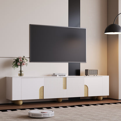 TV-meubel – Tv-kast – Tv-meubelkast – Mediameubel – Dressoir – Wit met houtaccent – 180 cm breed – Marmerlook bovenblad – Vier deuren – Massief houten poten