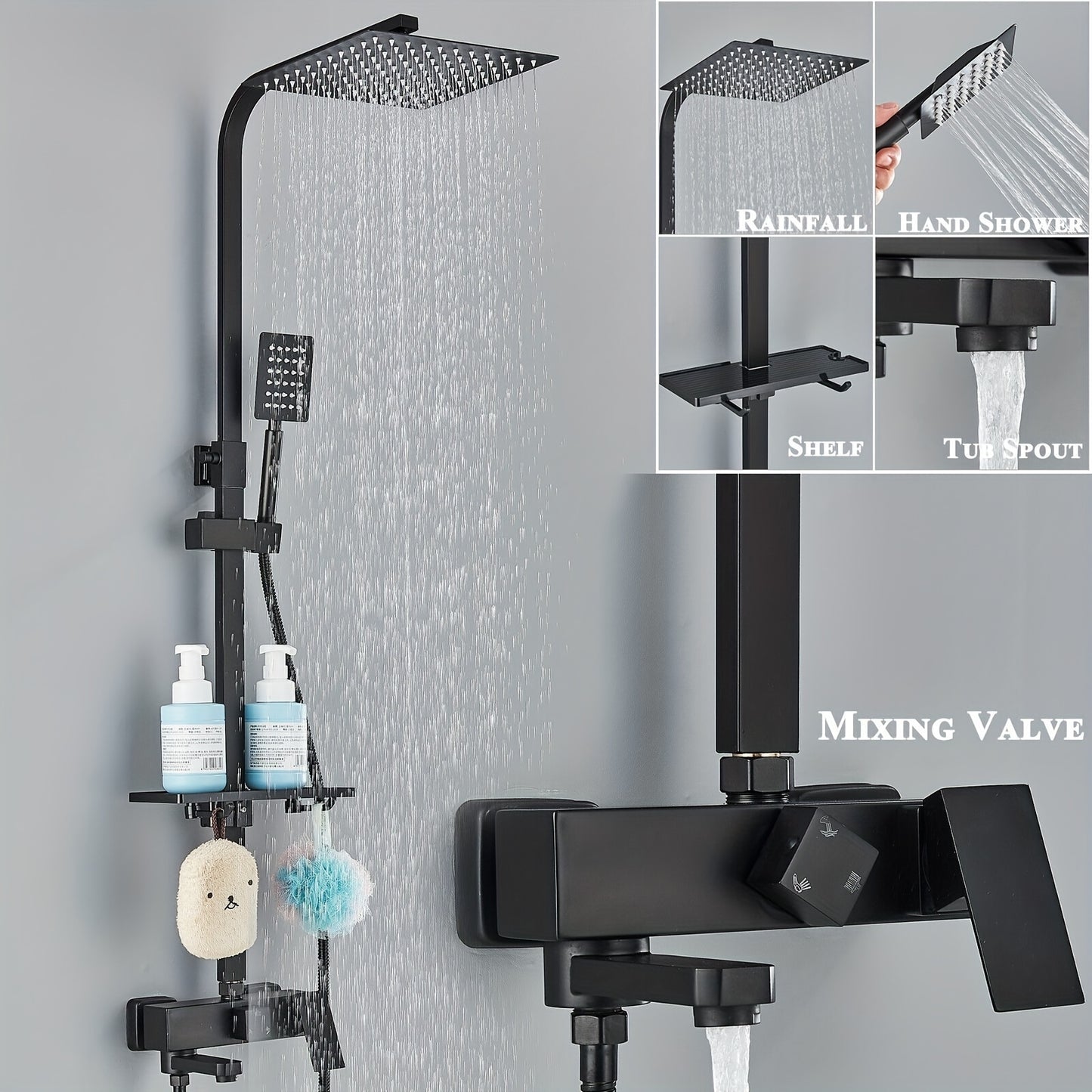 Douche Set Mat Zwart – Douche Accessoires – Regendouche – Overhead Douche – Douche Systeem – Koper Materiaal – Eenvoudige Wandmontage