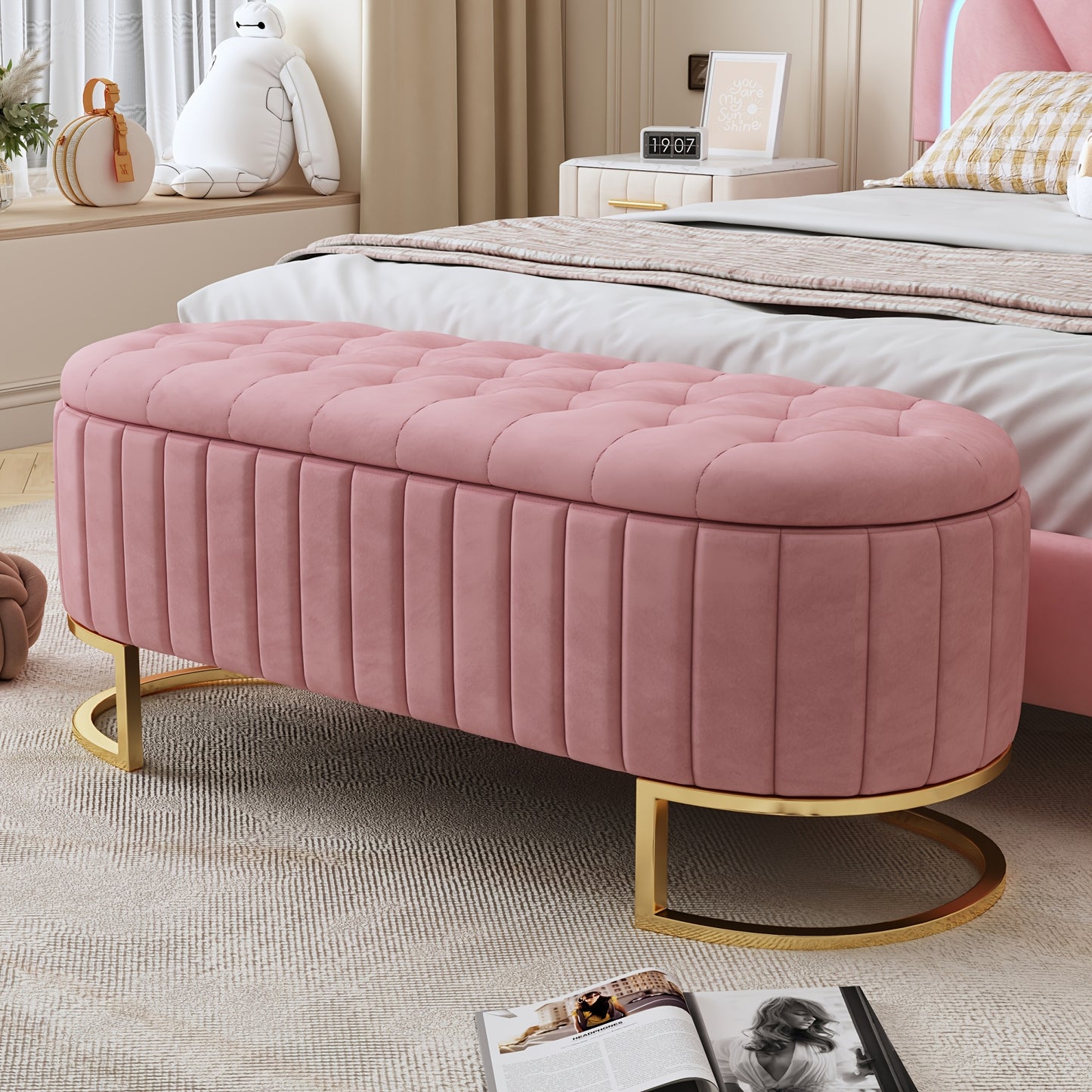 Poef – Hocker – Zitkussen – Voetenbank – Opbergpoef – Roze Kleur – Fluweelstof – Stevig Metalen Frame – 120 x 40 cm