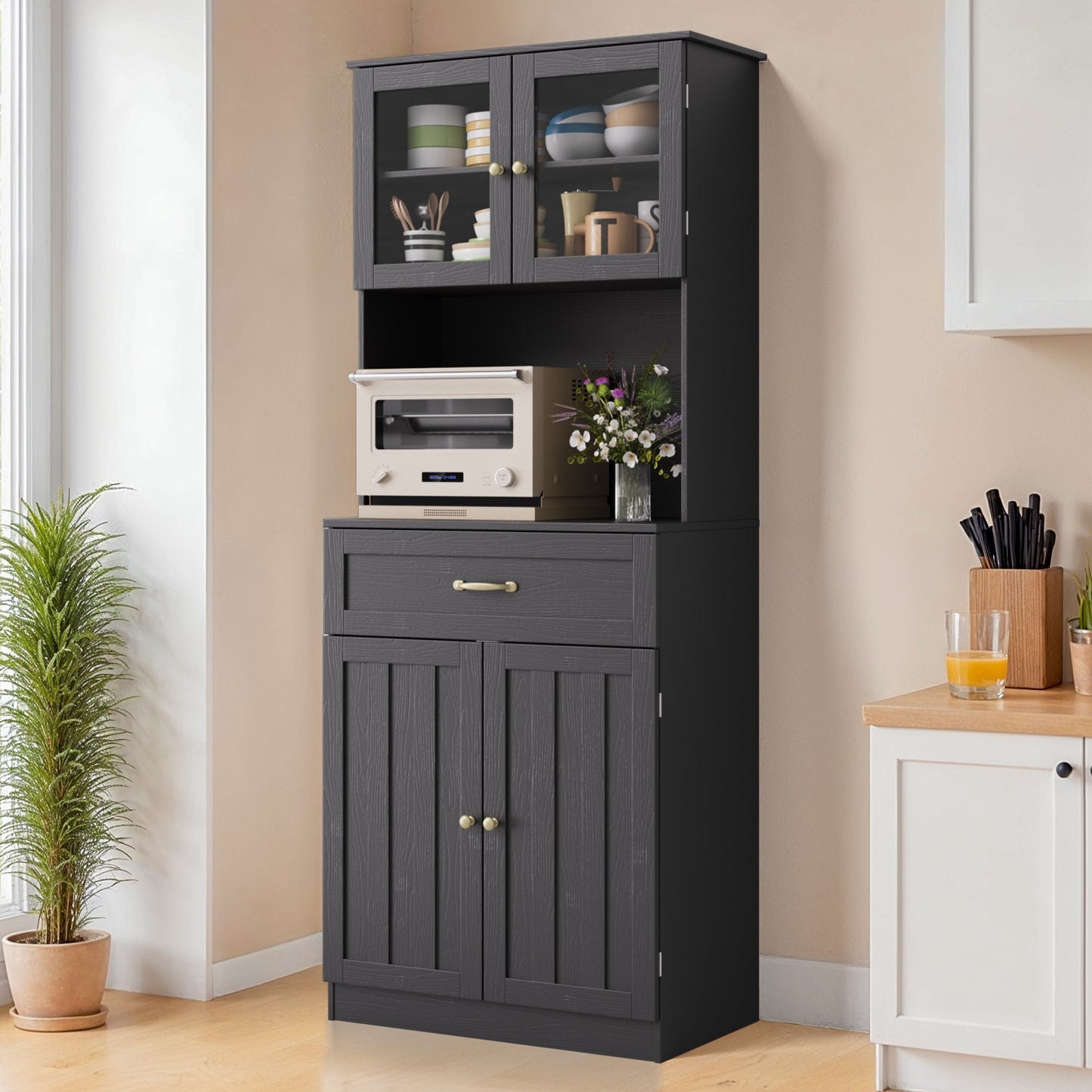 Hoge Kast – Opbergkast – Dressoir – Kast Met Laden – Bergkast Zwart – 180 cm Hoog – Verstelbare Legplanken