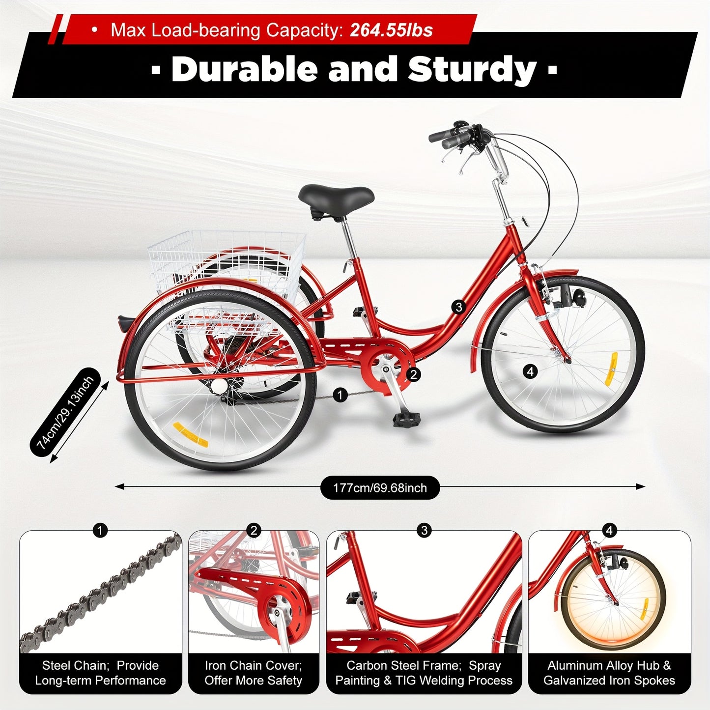 Driewieler – Volwassen Driewieler – Driewieler Fiets – Driewieler Voor Volwassenen – Rode Driewieler – 6 Versnellingen – 24 Inch Met Winkelmand