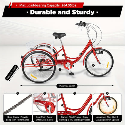 Driewieler – Volwassen Driewieler – Driewieler Fiets – Driewieler Voor Volwassenen – Rode Driewieler – 6 Versnellingen – 24 Inch Met Winkelmand