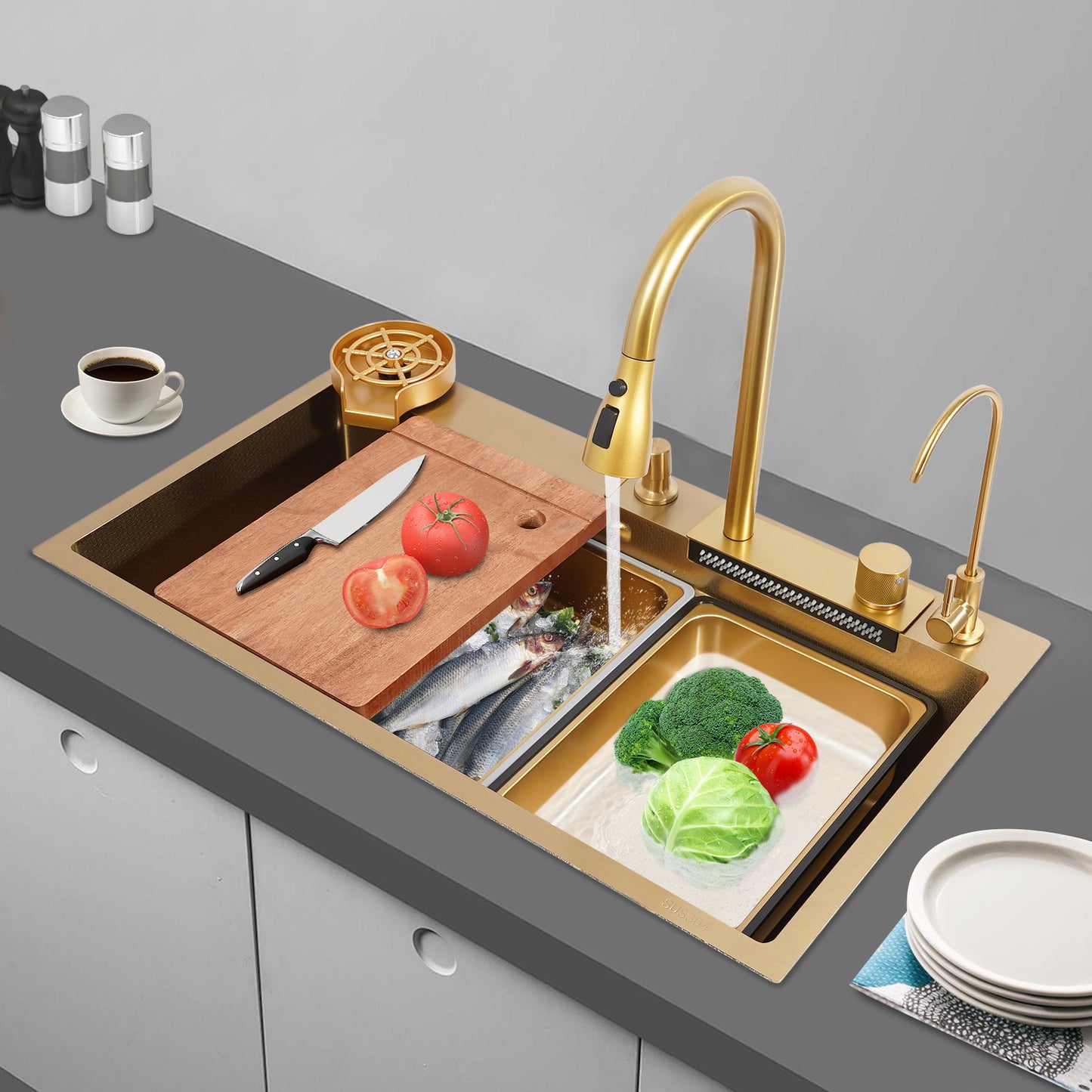 80 cm Gouden RVS Keukenspoelbak – Spoelbak – Keukenspoelbak – Afwasbak – Wasbak – 304 Roestvrij Staal – Twee Compartimenten – Diepe Grote Bak – Gepolijst – Duurzaam