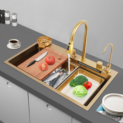 80 cm Gouden RVS Keukenspoelbak – Spoelbak – Keukenspoelbak – Afwasbak – Wasbak – 304 Roestvrij Staal – Twee Compartimenten – Diepe Grote Bak – Gepolijst – Duurzaam
