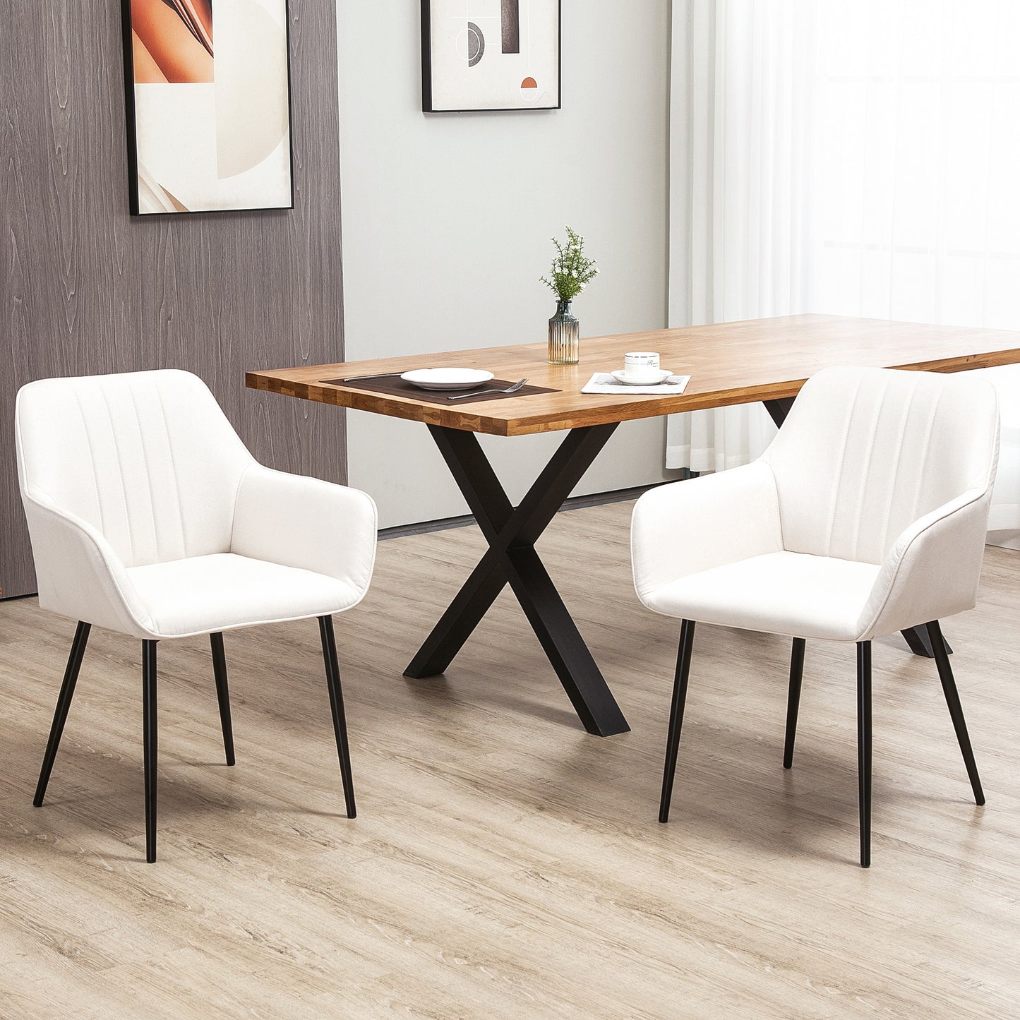Eetkamerstoel – Stoel – Kuipstoel – Vergaderstoel – Bistrostoel – Set van 2 – Scandinavisch Design – Ergonomische Armleuningen – Beige Linnen Bekleding – Zwarte Metaalpoten