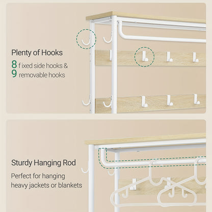 Coat Rack with Bench, Wardrobe with 3-tier Shoe Bench And 1 Drawer, 5-in-1 Clothes Rack with 17 Hooks, 1 Hanging Rod, 4-tier Side Shelves, Golden Oak-white, Coat And Hat Rack, Clothes Hanging Rack, Clothes Rack with Mirror, C