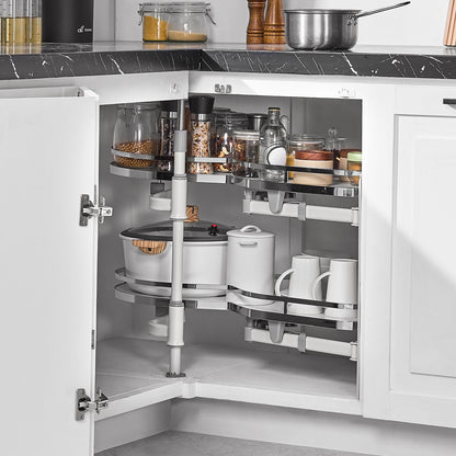 Keukenkast Organizer – Gootsteenkast Organizer – Kastlade – Keukenrek – Hoeklade – 2-laags Uittrekbaar – Zachte Sluiting – Metaal & Chroom