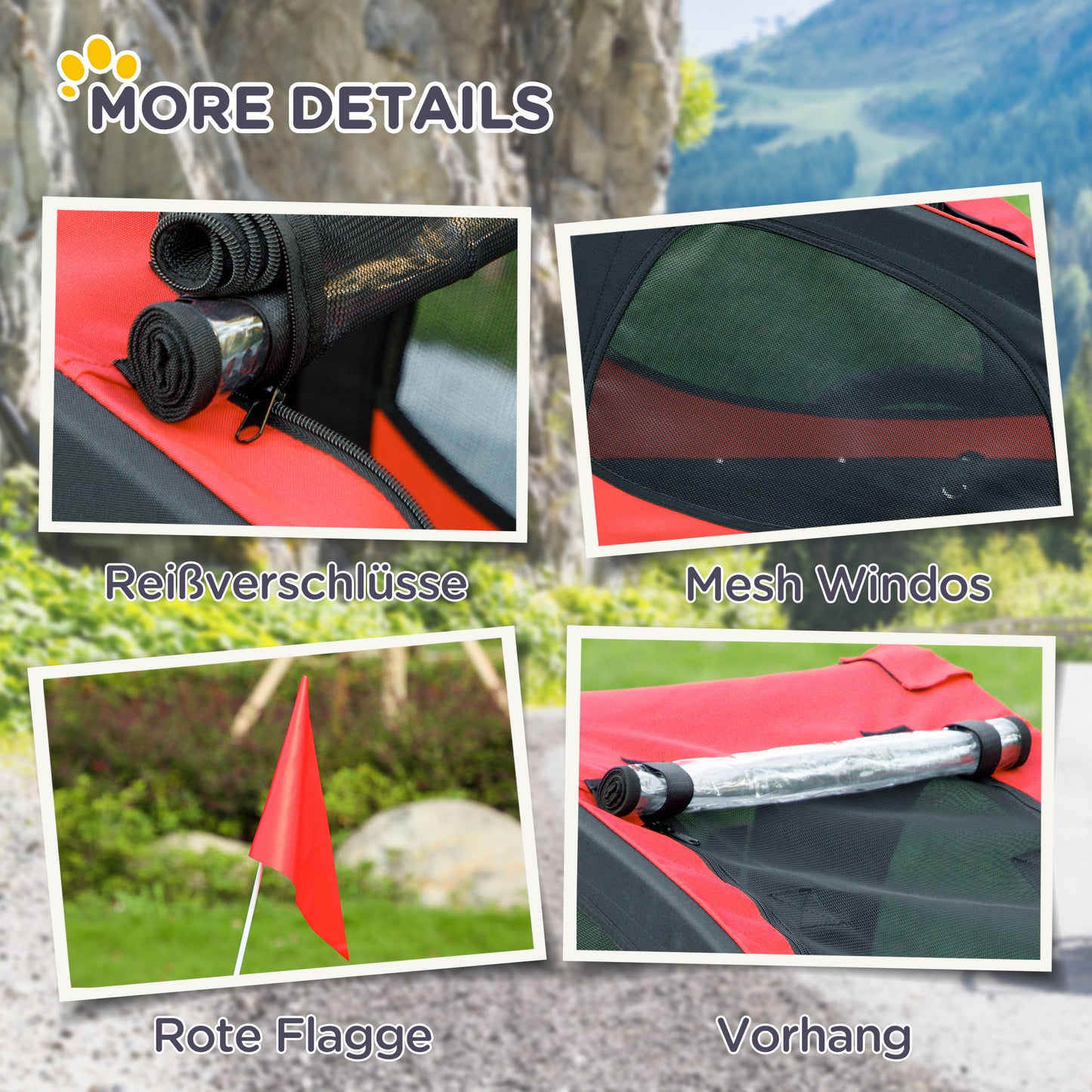 Hondenfietsaanhanger – Hondenaanhanger – Fietsbuggy – Hondenbuggy – Hondenkar – Opvouwbaar – Waterafstotend Oxford Stof – Stevig Stalen Frame – Reflectoren – Snel Losse Wielen – Rood – 140x71x83 cm