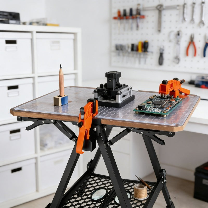 Heavy-Duty Folding Workbench with Large Table - 70x65cm MDF Tabletop & Q195 Steel Frame, Adjustable Height (60-92cm) - Heavyweight Capacity Suitable for Sawing, Sanding,, Workbench for Workshop,,