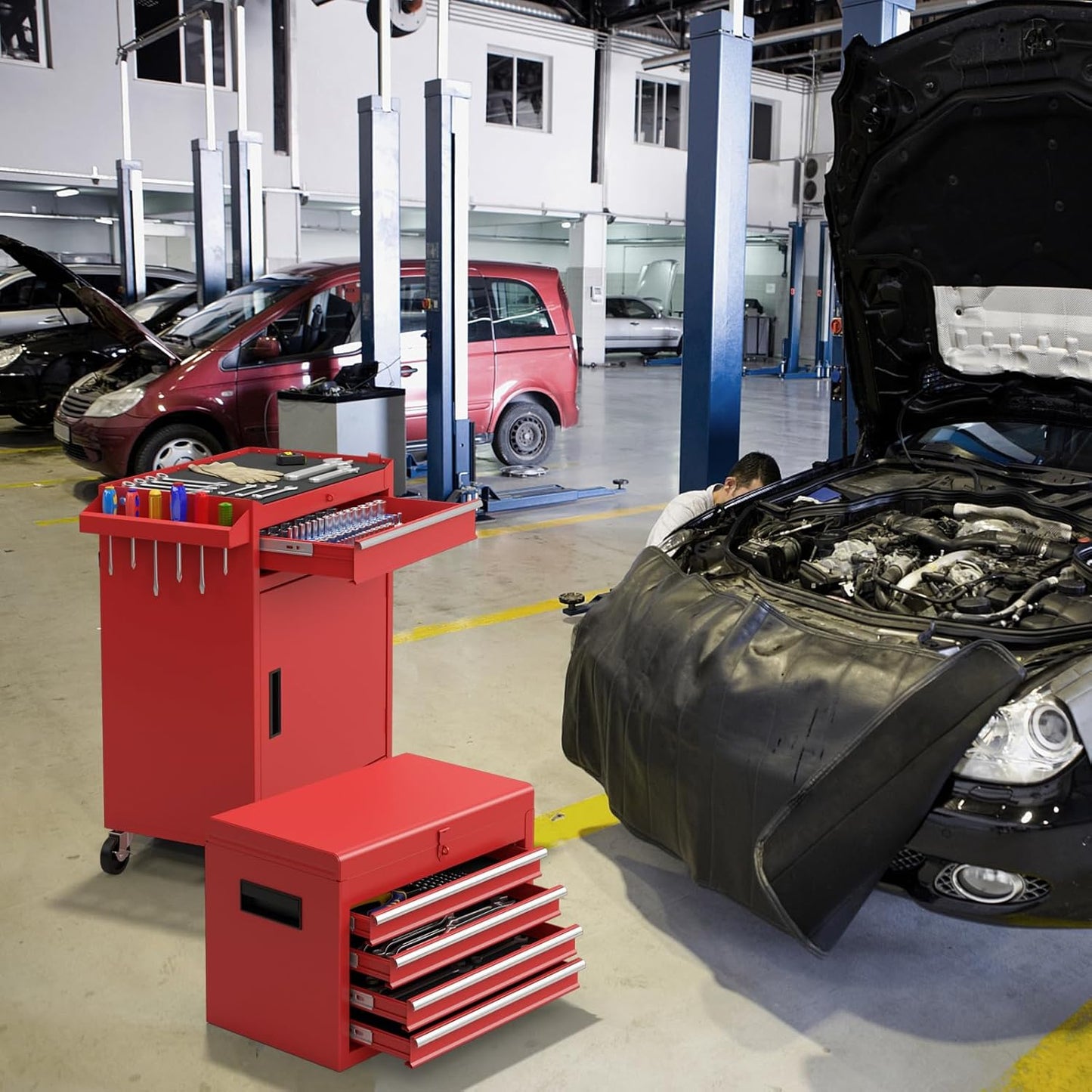 Werkplaatswagen – Gereedschapswagen – Opbergwagen – Toolcart – Werkplaatskast – 2-in-1 Afneembare Bovenkast – Verstelbare Schappen – Metalen Constructie – 100 kg Belastbaar – Mobiel Met 4 Zwenkwielen – Rood – 59x28x102 cm