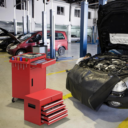 Werkplaatswagen – Gereedschapswagen – Opbergwagen – Toolcart – Werkplaatskast – 2-in-1 Afneembare Bovenkast – Verstelbare Schappen – Metalen Constructie – 100 kg Belastbaar – Mobiel Met 4 Zwenkwielen – Rood – 59x28x102 cm