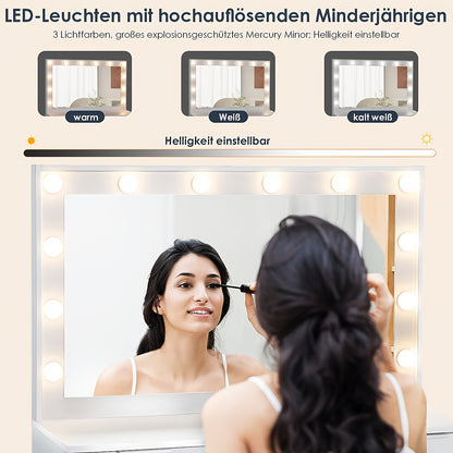 White Vanity Desk with a Mirror And Stool, Featuring Drawers And Modern Design, Equipped with 12 Adjustable LED Lights for Brightness Control.