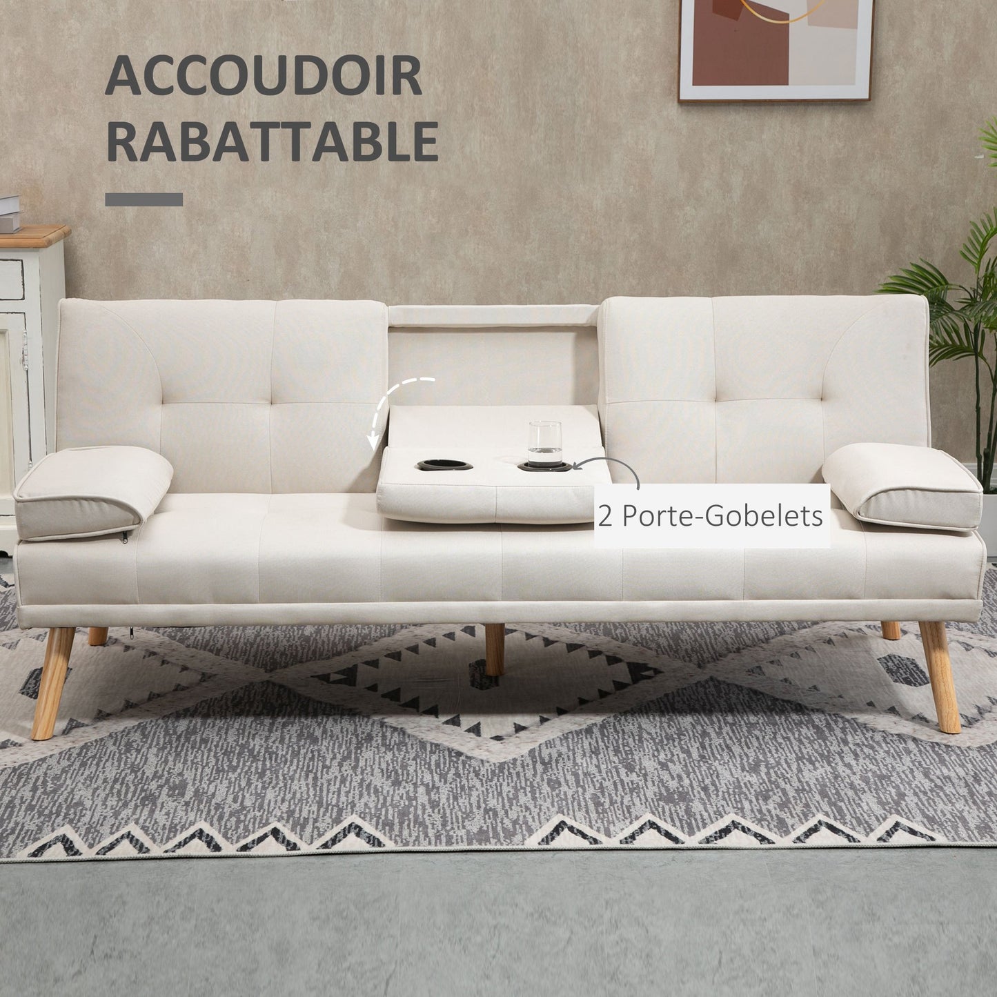 3-zits Slaapbank – Bedbank – Sleeper Sofa – Slaapbankje – Slaapzetel – Scandinavisch Design – Verstelbare Rugleuning in 3 Standen – Stevig Massief Populierenhout – Beige Linnen Bekleding