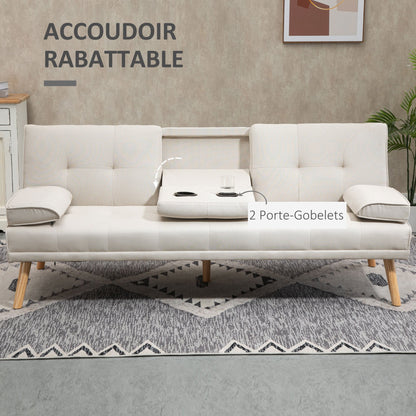 3-zits Slaapbank – Bedbank – Sleeper Sofa – Slaapbankje – Slaapzetel – Scandinavisch Design – Verstelbare Rugleuning in 3 Standen – Stevig Massief Populierenhout – Beige Linnen Bekleding