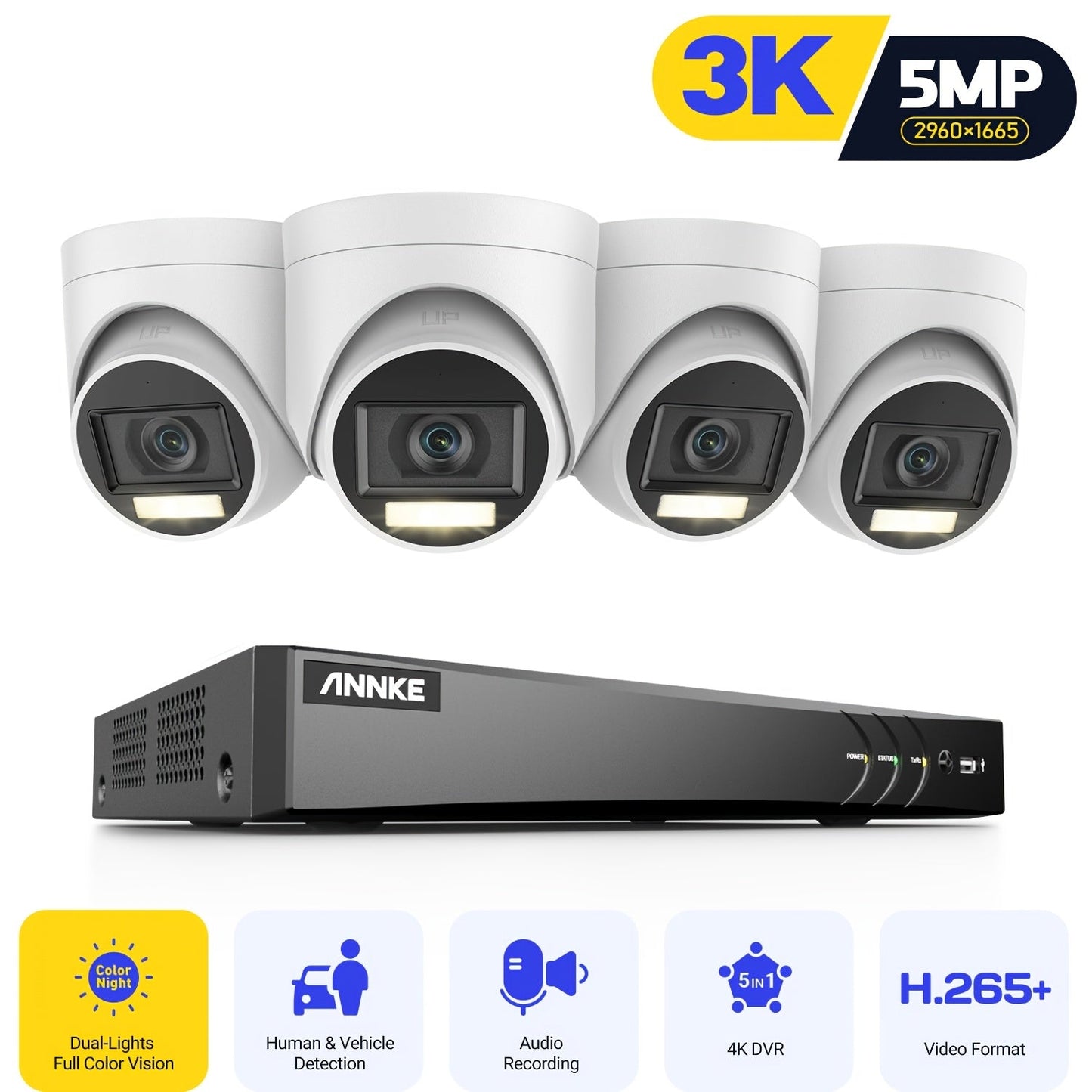 Beveiligingscamera Systeem – Bewakingscamera – Camerabewaking – CCTV Camera – Bewakingsset – 8-Kanaals 4K UHD DVR – AI Mens- en Voertuigdetectie – Nachtzicht Met Slimme Dubbele Lichtfunctie