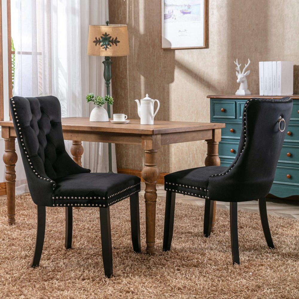 Eetkamerstoel – Stoel – Kuipstoel – Zwarte Stoel – Set Van 2 – Velvet Bekleding – Gestoffeerde Rugleuning – Met Verticale Nagelrand – Duurzaam Niet-Houten Frame – Comfortabele Schuimzitting